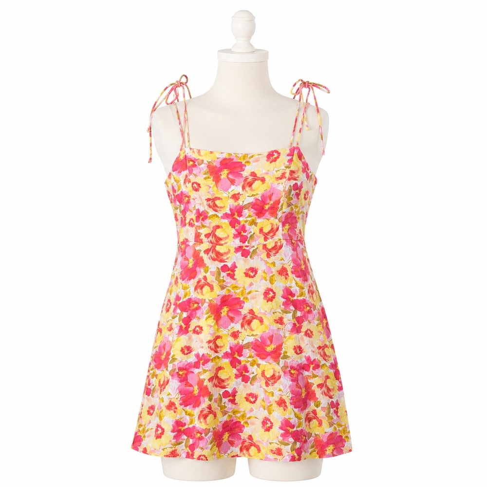 Old Navy Mini Dress Women Large Pink Yellow Floral Linen Blend Smocked Tie Strap